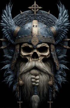 Cr&aacute;neo vikingo con armadura y barba trenzada