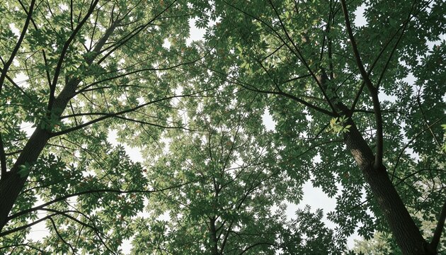 Vista ascendente a trav&eacute;s del dosel de un bosque frondoso, capturando la luz del sol filtr&aacute;ndose entre las hojas.