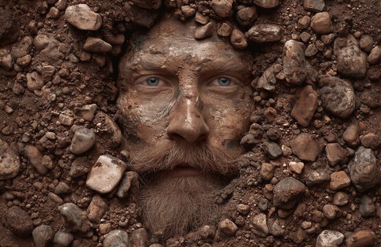 Retrato de un hombre cubierto de tierra y piedras, asom&aacute;ndose desde el suelo.
