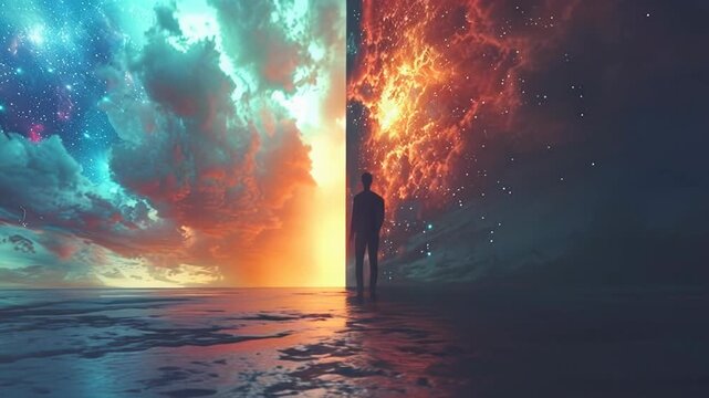 Lone figure stands at the threshold of two opposing cosmic realms, blue and fiery, symbolizing choice, duality, or in surreal space.