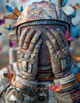 Un astronauta con un traje espacial salpicado de pintura, cubri&eacute;ndose la cara con las manos, rodeado de mariposas coloridas.