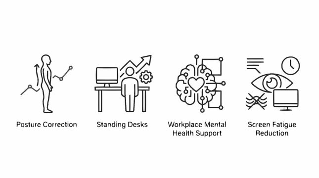 Office workers use standing desks for posture correction and mental health support
