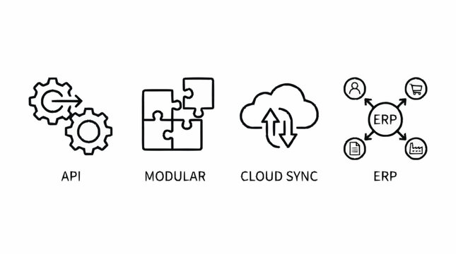 A modular system with API, ERP, and cloud sync integration icons.