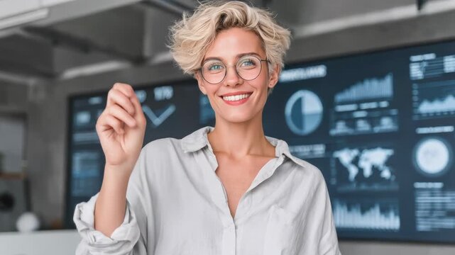 Professional woman gesturing toward analytics screen, data visualization expert, corporate strategist, tech office, digital dashboard, business.
