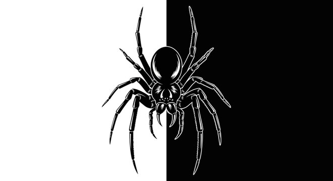 Black widow spider graphic sits perfectly centered on a split white.