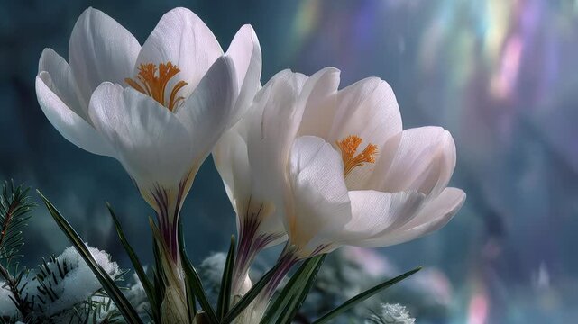 White crocus flowers emerging from snow, early spring bloom, frosty garden scene, delicate petals, winter flora, snow covered ground, natural beauty.