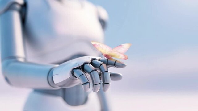 Robot hands releasing a butterfly metallic limbs and fingers extend blue sky background
