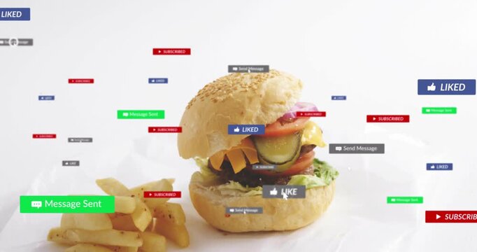 Vertical video: Drifting badges entering frame, circling burger and fries on sheet, showing likes