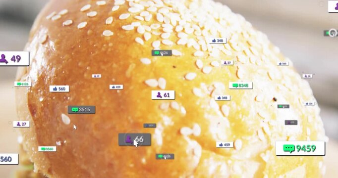 Sesame bun moving down as camera zooming, UI badges multiplying over cheese, showing food marketing
