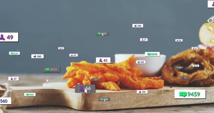 Animated badges appearing on cursor move, clustering over food as camera panning right showing buzz