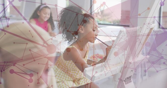 Camera panning, girl at easel picking brush and painting for art class, network overlay