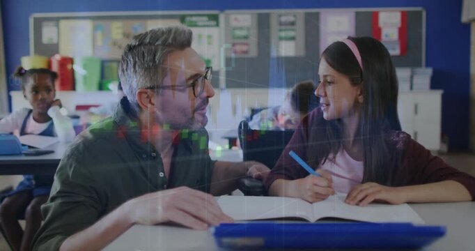 Teacher leaning in to start helping, student writing in workbook with blue pencil for practice