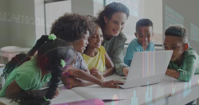 Vertical video: Leaning teacher in jacket guiding kids using laptop at classroom desk, showing data