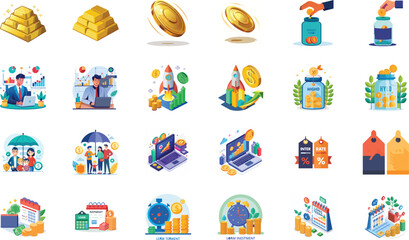 Fototapeta premium Financial planning set featuring gold bars coins emergency funds rockets and professional analysts at work.