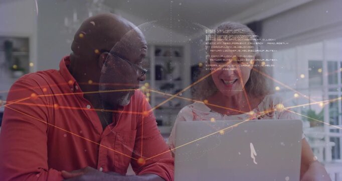 Senior couple glancing, leaning to laptop, reacting to content via animated tech network overlay