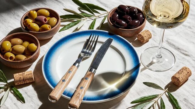 Elegant table setting with olives and wine. Beautiful dishware showcases gourmet dining experience. Natural light enhances sophisticated atmosphere. Perfect for culinary projects and food styling.
