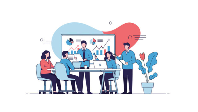 Business team of five people having a productive meeting around a table in front of a white board with data charts and graphs.