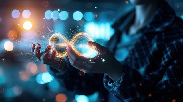 Hands cradling luminous infinity loop, digital particle effect, futuristic tech, urban night backdrop, glowing data visualization.