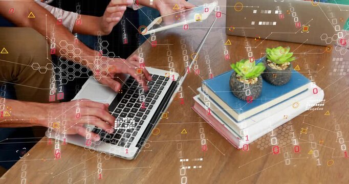 Adult male typing laptop, partner tapping tablet causing tech overlay over books for teamwork