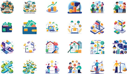 Colorful flat design scenes showing mobile payments real estate planning and smart financial decisions. © MOUSUMI