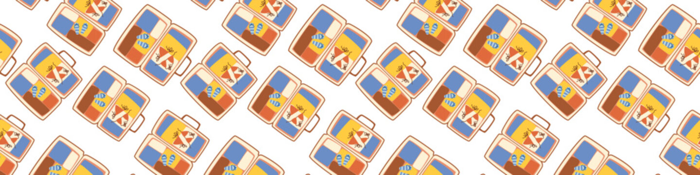 Travel packing pattern border with open suitcase. Baggage for vacation with clothes, flip flops and bikini. Simple seamless pattern with travel essentials.