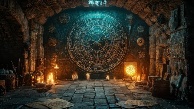 Enchanted celestial dial glowing in ancient crypt, arcane observatory, mystical chamber, stone temple, esoteric artifact, arcane circle, ritual space.