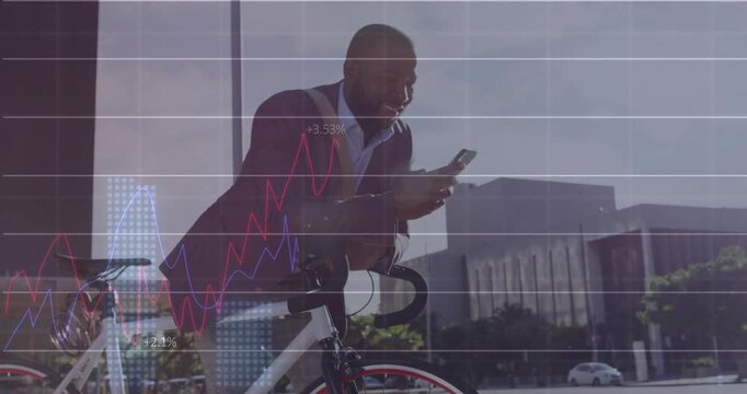 Commuter pausing on sidewalk with bike checking phone and monitoring markets with charts overlaying