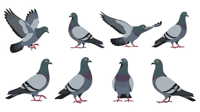 Various pigeon character designs shown in different stances such as flying, profile views, and front-facing for bird-themed graphic art.