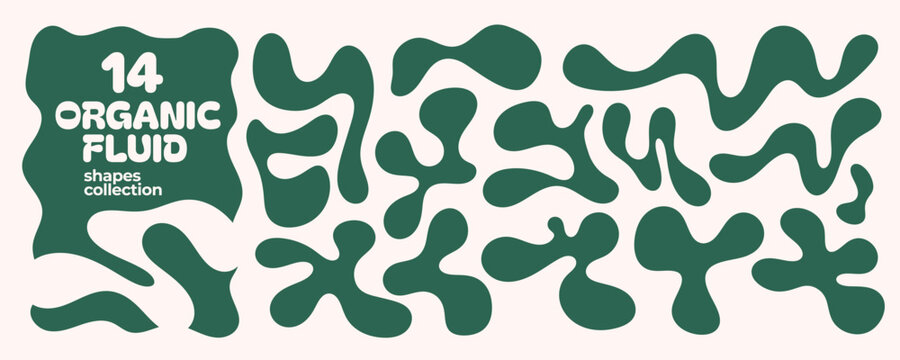 Green organic fluid shapes and wavy abstract forms. Eco friendly amoeba graphic design elements