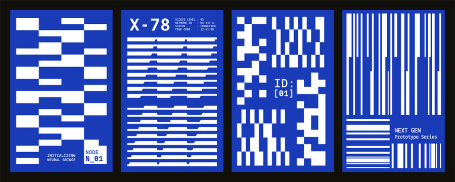 Abstract blue pattern with qr code and barcode elements arranged graphic poster layout. Pixel glitch with geometric square blocks