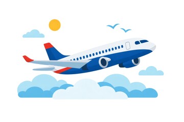Fototapeta premium Commercial airplane taking off above clouds and birds against a sunny sky, representing concepts of travel, vacation, tourism, business trips, and international transportation