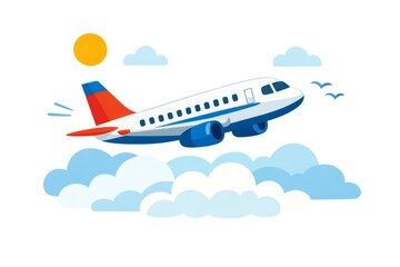 Fototapeta premium Airplane climbing through a bright blue sky over fluffy clouds toward the sun, evoking travel, vacation and global connections, freedom and the promise of adventure