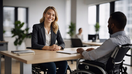 Fototapeta premium Professional Woman in Wheelchair Working in Modern Sunlit Office