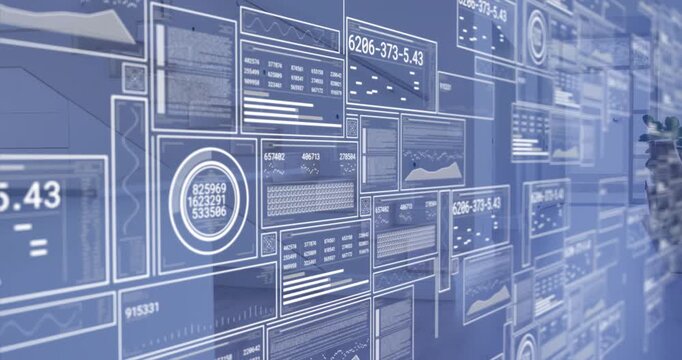 Camera gliding along glass wall, auto data wall filling tiles and updating graphs for business