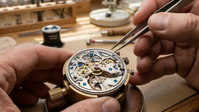 Watchmaker repairing mechanical watch movement with tweezers repair precision focusing tiny gears