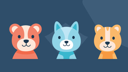 Fototapeta premium Three cute animal characters including a red bear, a blue fox, and an orange raccoon head illustrated on a dark blue background.