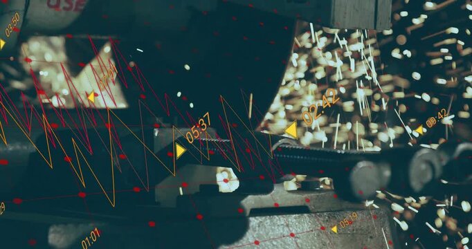 Wheel grinding clamped rods, ejecting sparks while transparent overlay animating for machining