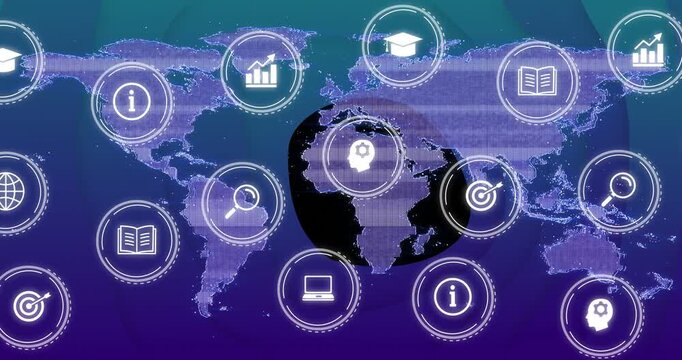 Animation starting central globe morphing to dotted map rings pulsing linking icons to map for tech