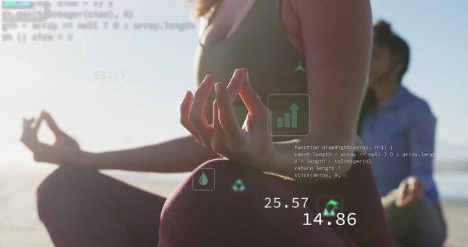 Foreground woman holding mudra, initiating HUD overlays showing CO2 and wind icons for wellness