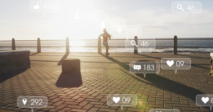 Woman stepping off block and running coast for training causing social media overlays along walkway
