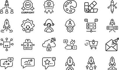 Fototapeta premium Startup business growth and innovation concepts, launch rocket, idea symbols, business charts, strategy, success, technology.