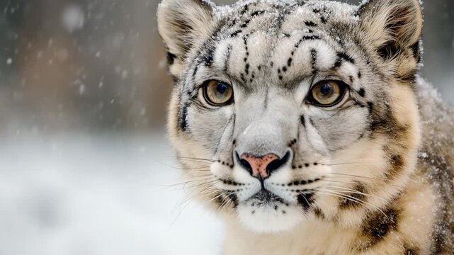 Majestic snow leopard looking intently during a heavy winter snowfall, showing its powerful gaze