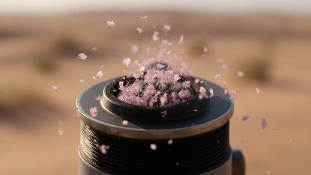 Black cylindrical objects with pink particles exploding in desert landscape