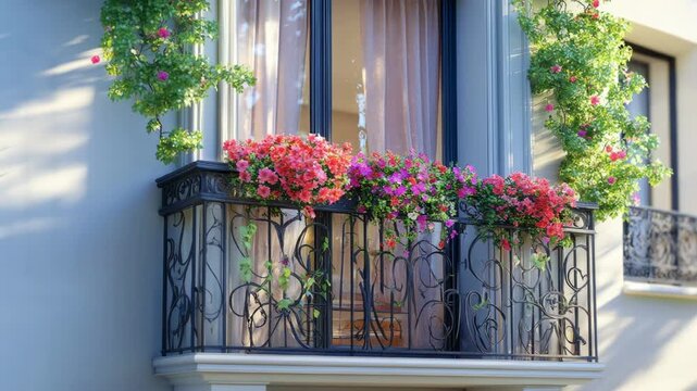 Beautiful french balcony with ornate ironwork and colorful flowers blooming in the summer sun