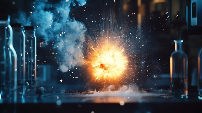 Chemical explosion in a laboratory with smoke and glass bottles around