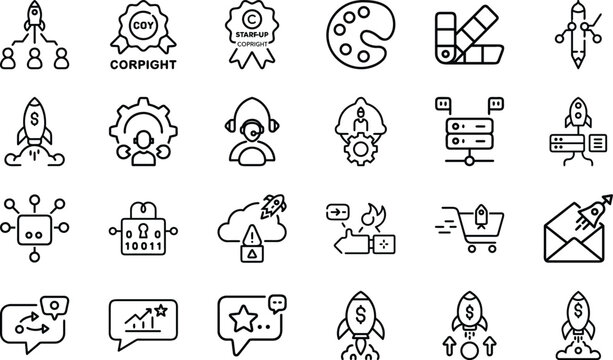 Startup business growth and innovation concepts, launch rocket, idea symbols, business charts, strategy, success, technology.