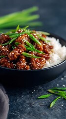 Fototapeta premium Asian orange chicken with rice in bowl, sesame and green onion topping, traditional chinese food, takeaway meal concept, dark aesthetic background. tiriyaki sauce