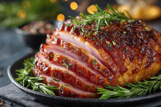 Glazed baked ham with rosemary and spices, sliced juicy meat, festive holiday dinner concept, christmas food background with warm lights