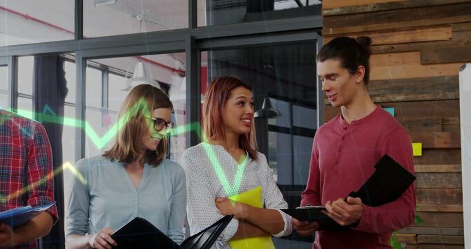 Man opening tablet, team analyzing business data, animated graph sweeping in front, fourth joining