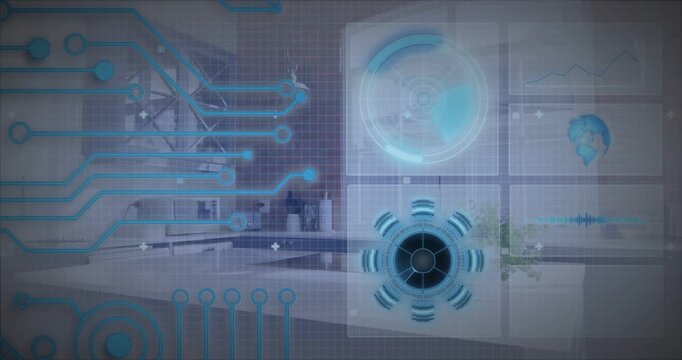 Holo UI activating from left circuit traces, pulsing and revealing charts over kitchen tech